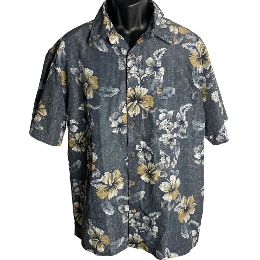 Milano Bay Button Up Hawaiian Camp Shirt XL Grey Floral Short Sleeves Pocket